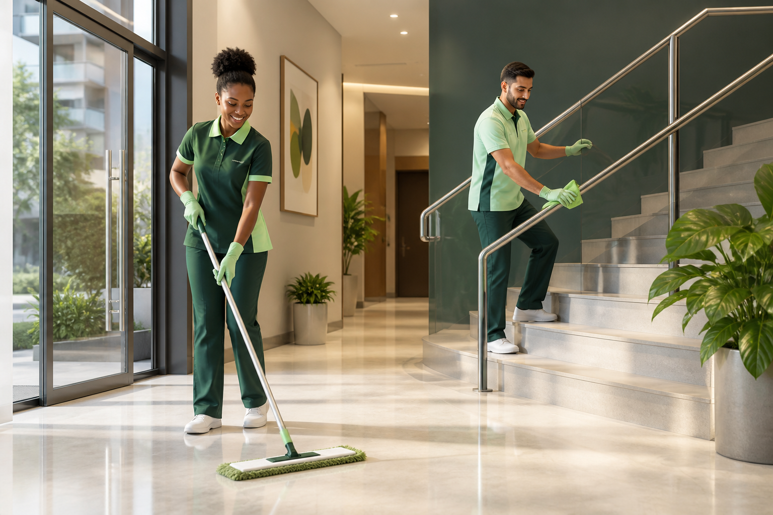 Équipe Clean Living souriante nettoyant une entrée et un escalier d’immeuble
